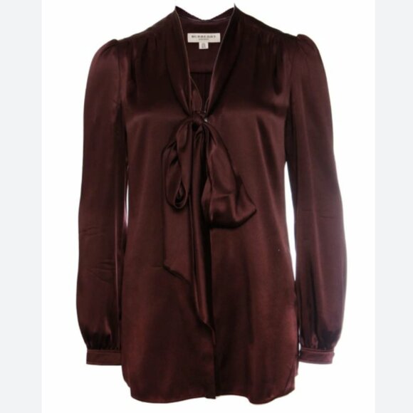 Burberry London Silk Bow Blouse Burgundy Button Up Long Sleeves Size 10 - Picture 1 of 15